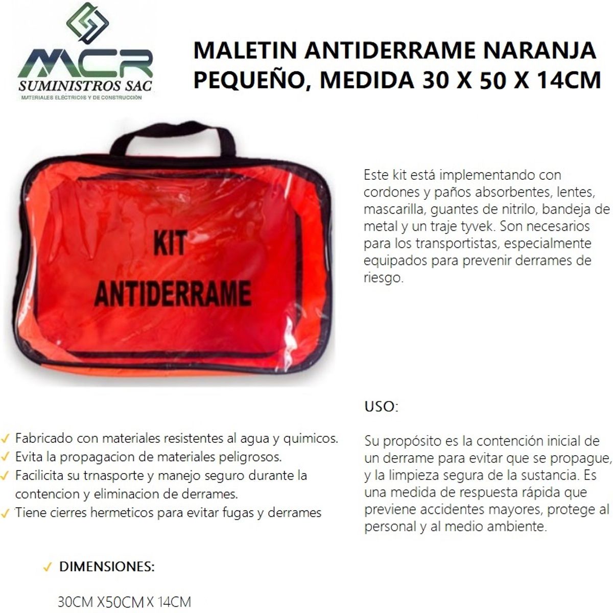 GENERICO - MALETIN KIT ANTIDERRAME NARANJA PEQUEÑO MEDIDA 30X50 CM