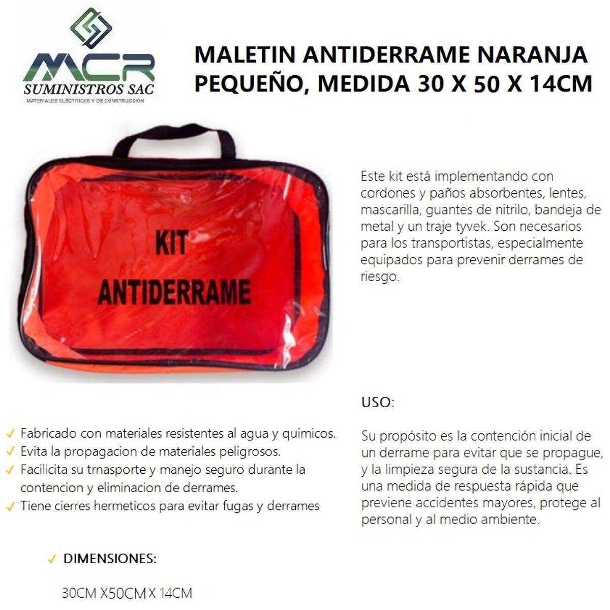 GENERICO - MALETIN KIT ANTIDERRAME NARANJA PEQUEÑO MEDIDA 30X50 CM