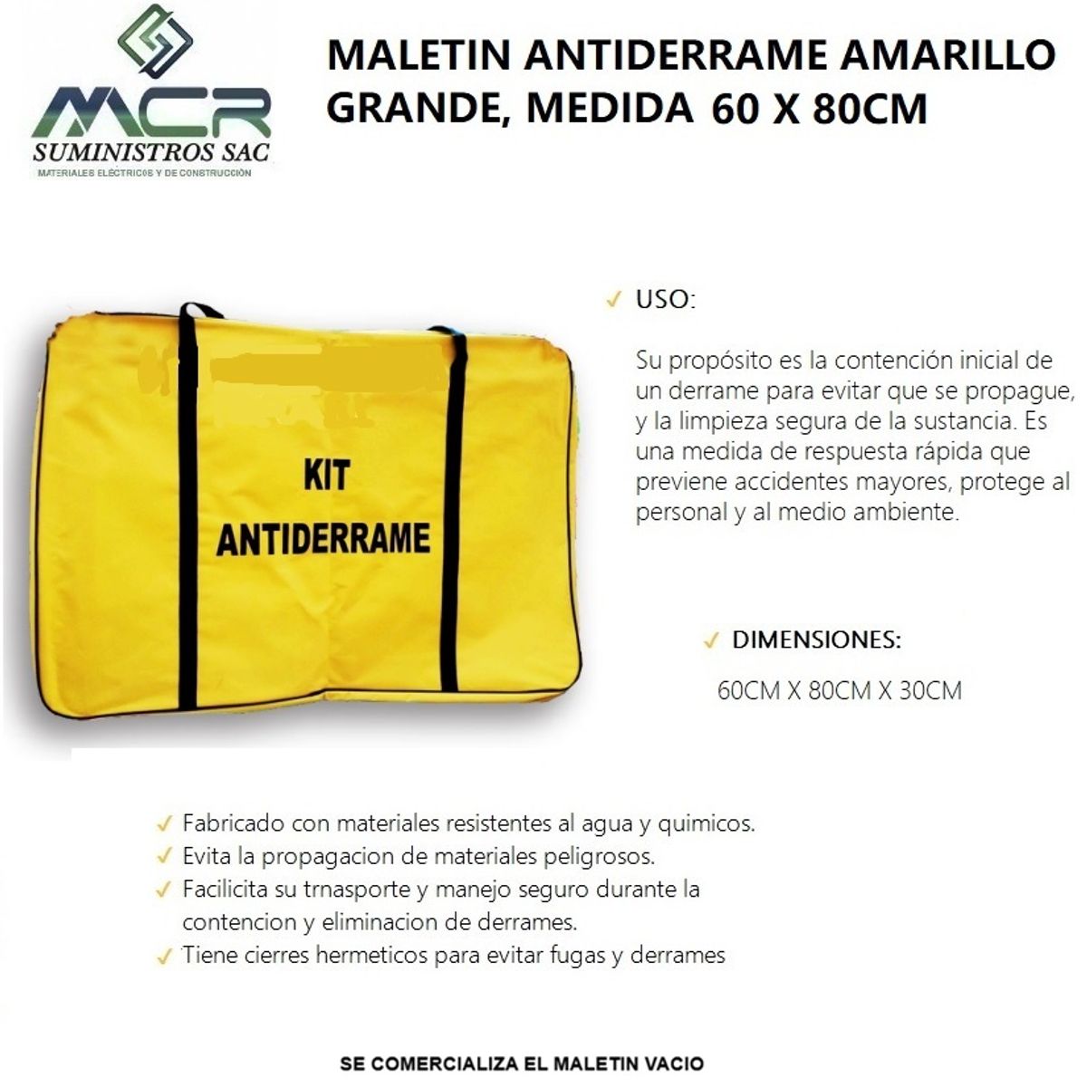 GENERICO - MALETIN KIT ANTIDERRAME AMARILLO GRANDE MEDIDA 60X80 CM