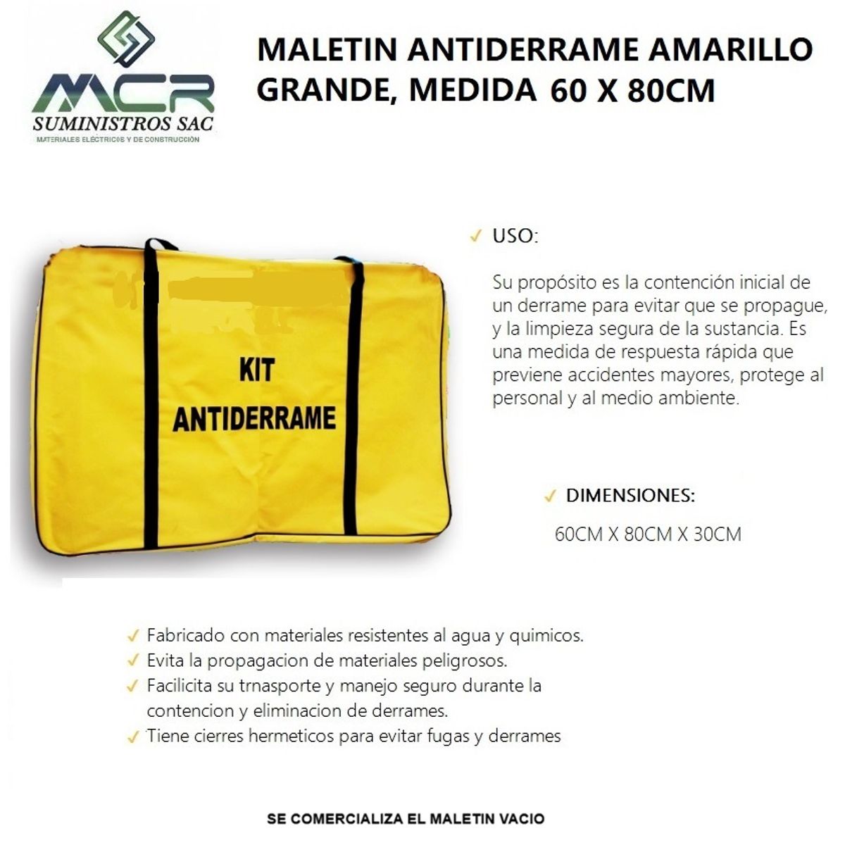 GENERICO - MALETIN KIT ANTIDERRAME AMARILLO GRANDE MEDIDA 60X80 CM