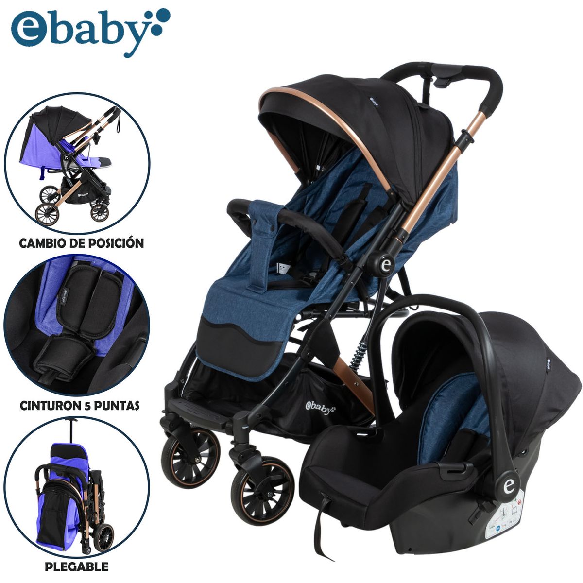 EBABY - Coche Moisés Travel System EBABY «SPARROW» Porta Bebé Blue