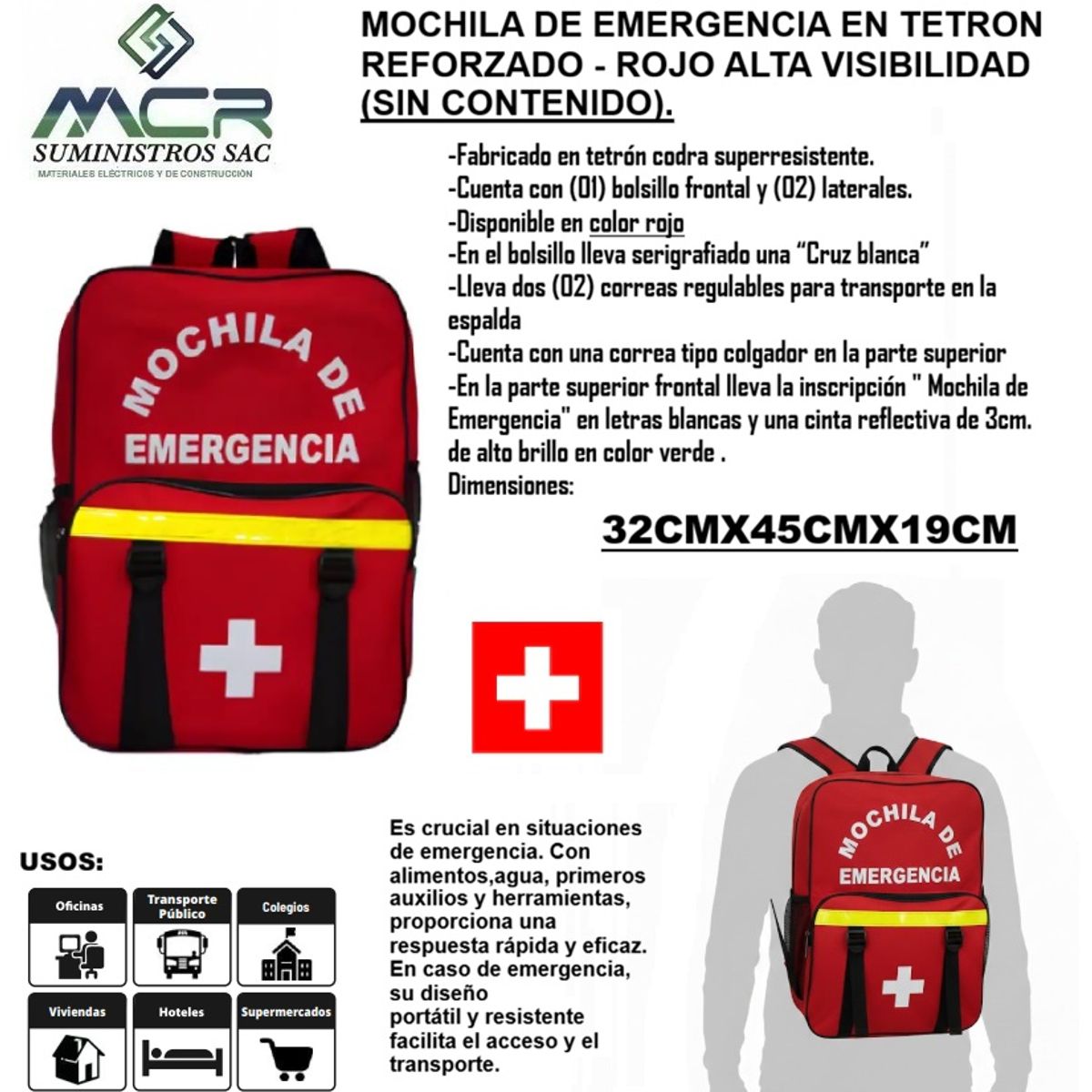 MOCHILA DE EMERGENCIA EN TETRON REFORZADO ROJO ALTA VISIVILIDAD SIN CONTENIDO, marca GENERICO - Foto Principal