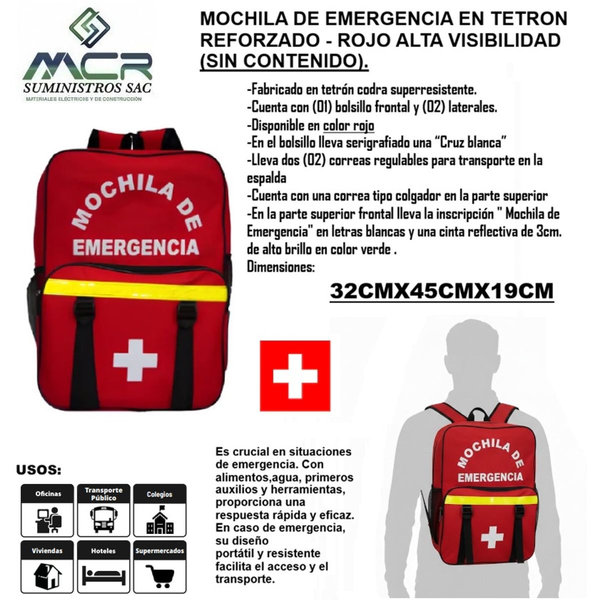 MOCHILA DE EMERGENCIA EN TETRON REFORZADO ROJO ALTA VISIVILIDAD SIN CONTENIDO, marca GENERICO - Foto Principal