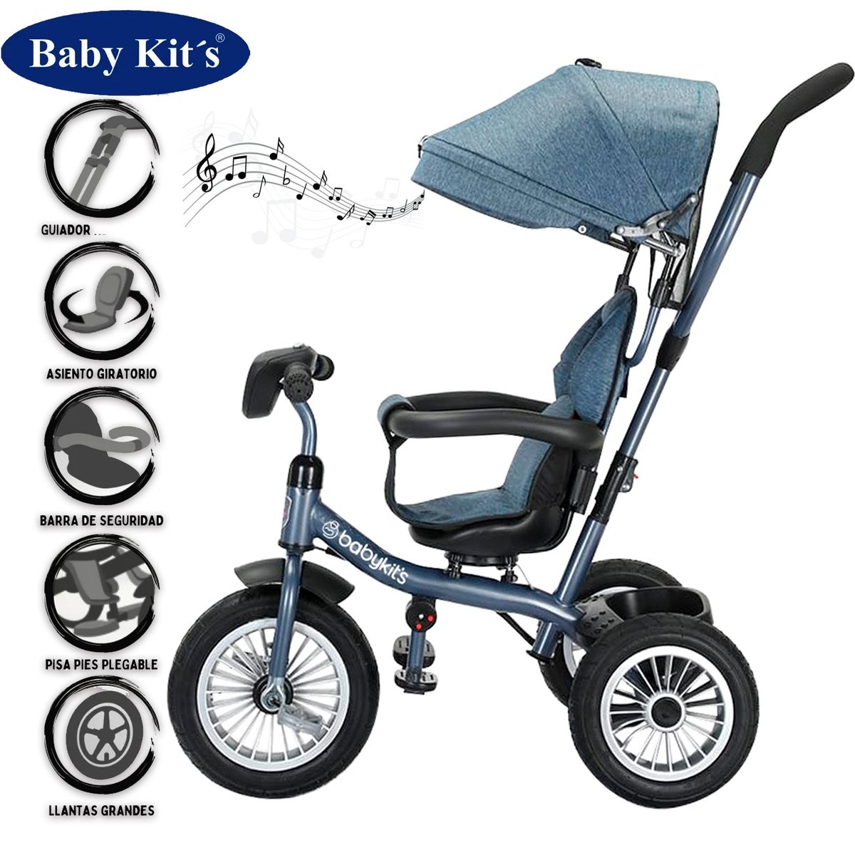 BABY KITS - Triciclo Baby Kits 360° Musical con Luces 1326 Azul
