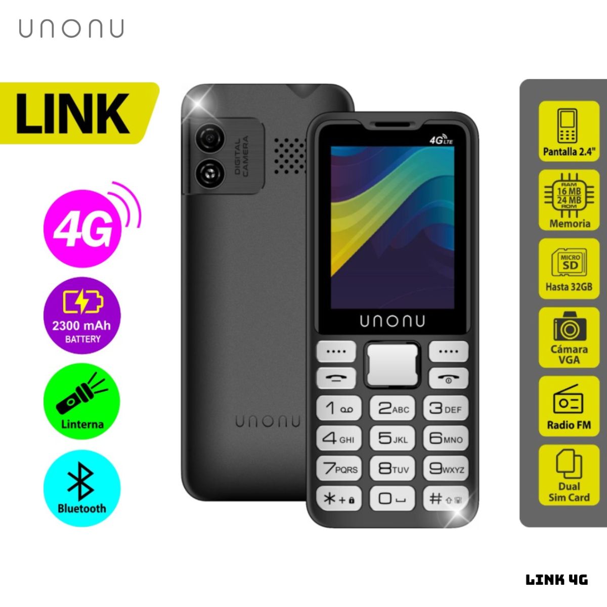 UNONU - CELULAR BASICO UNONU LINK 4G DUAL SIM - NEGRO