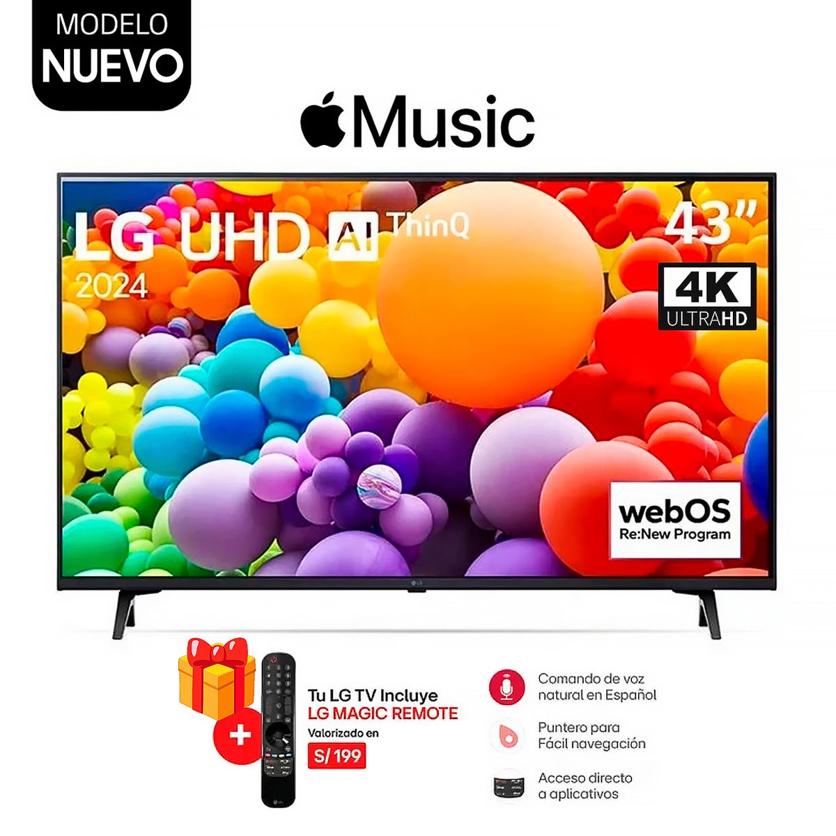 LG - Televisor LG 43 Pulg. LED Smart TV UHD 4K con ThinQ AI 43UT7300PSA + Control Inteligente MAGIC