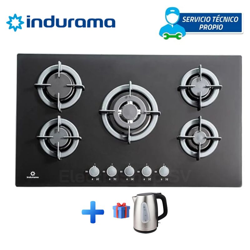 INDURAMA - ENCIMERA EMPOTRABLE A GAS GLP INDURAMA 5 HORNILLAS EGI-905VDNEG + HERVIDOR