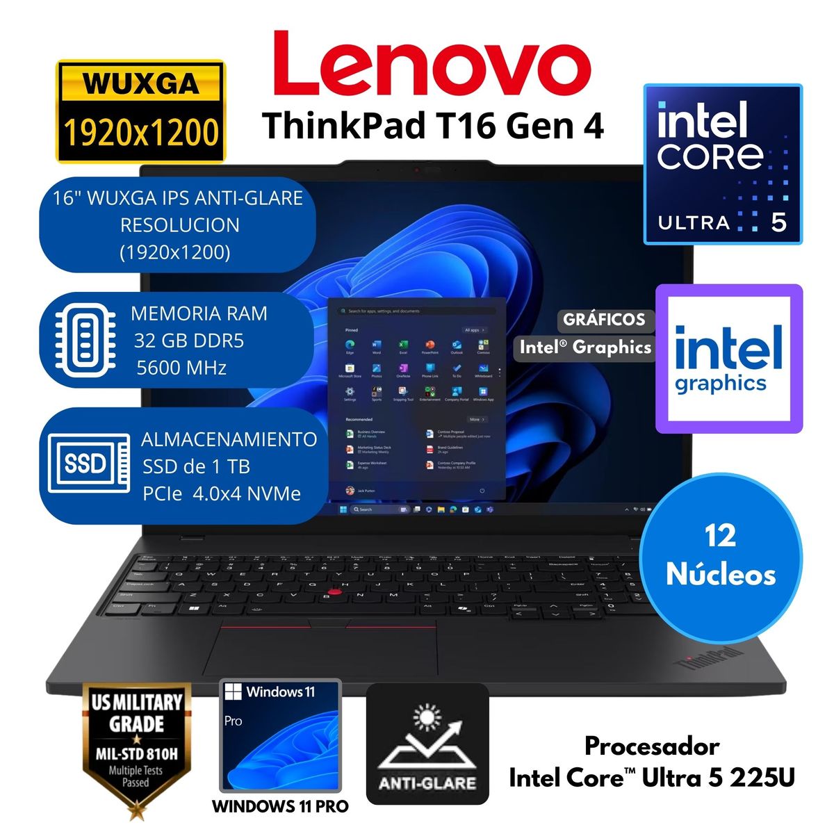 LENOVO - Laptop Lenovo ThinkPad Intel Core Ultra 5 (T16 Gen 4) RAM 32 GB SSD 1 TB 16"WUXGA Windows 11 PRO