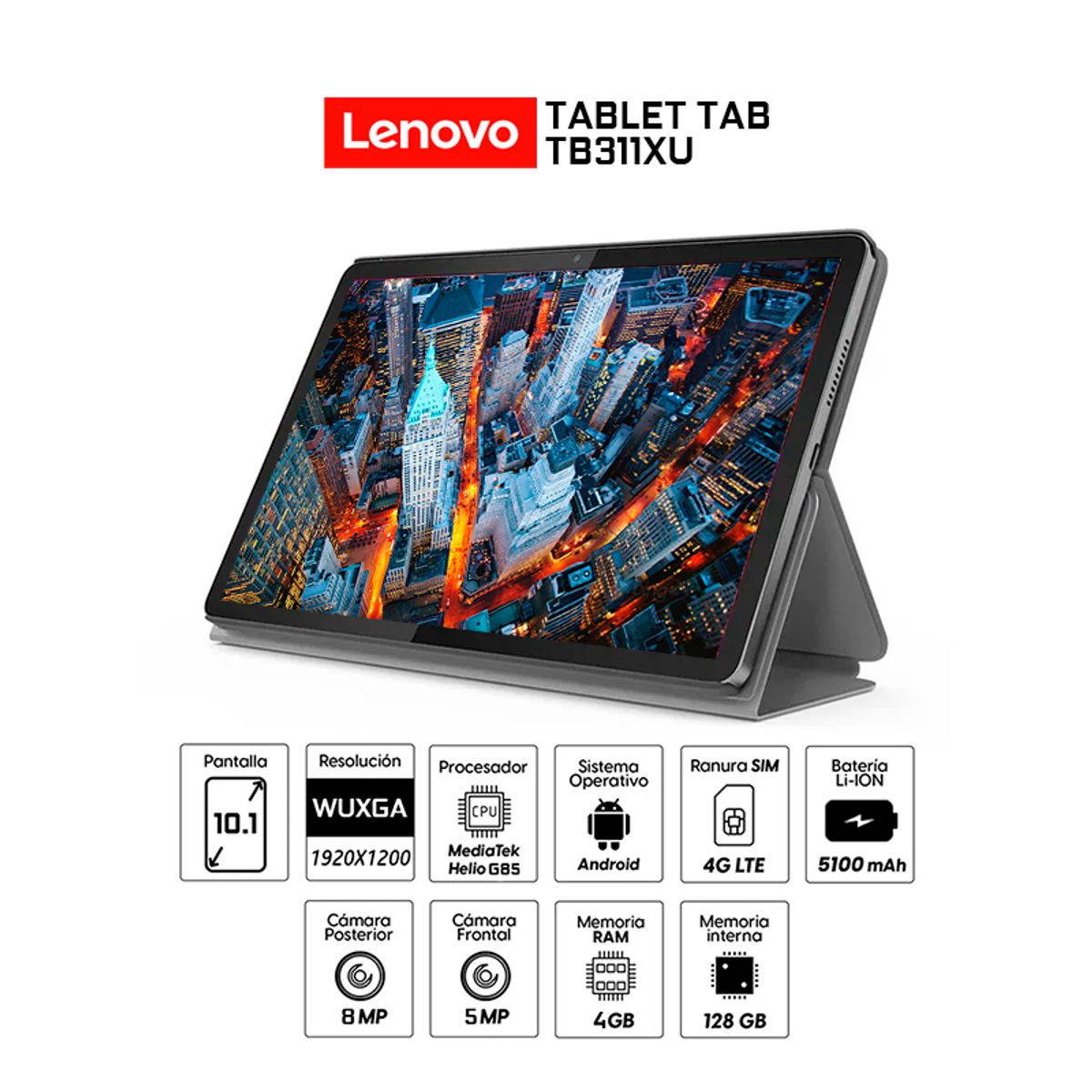 LENOVO - Tablet Lenovo Tab 101 TB311XU 4G LTE 128Gb eMMC 4GB Ram+Folio Case-ZAEJ0105PE