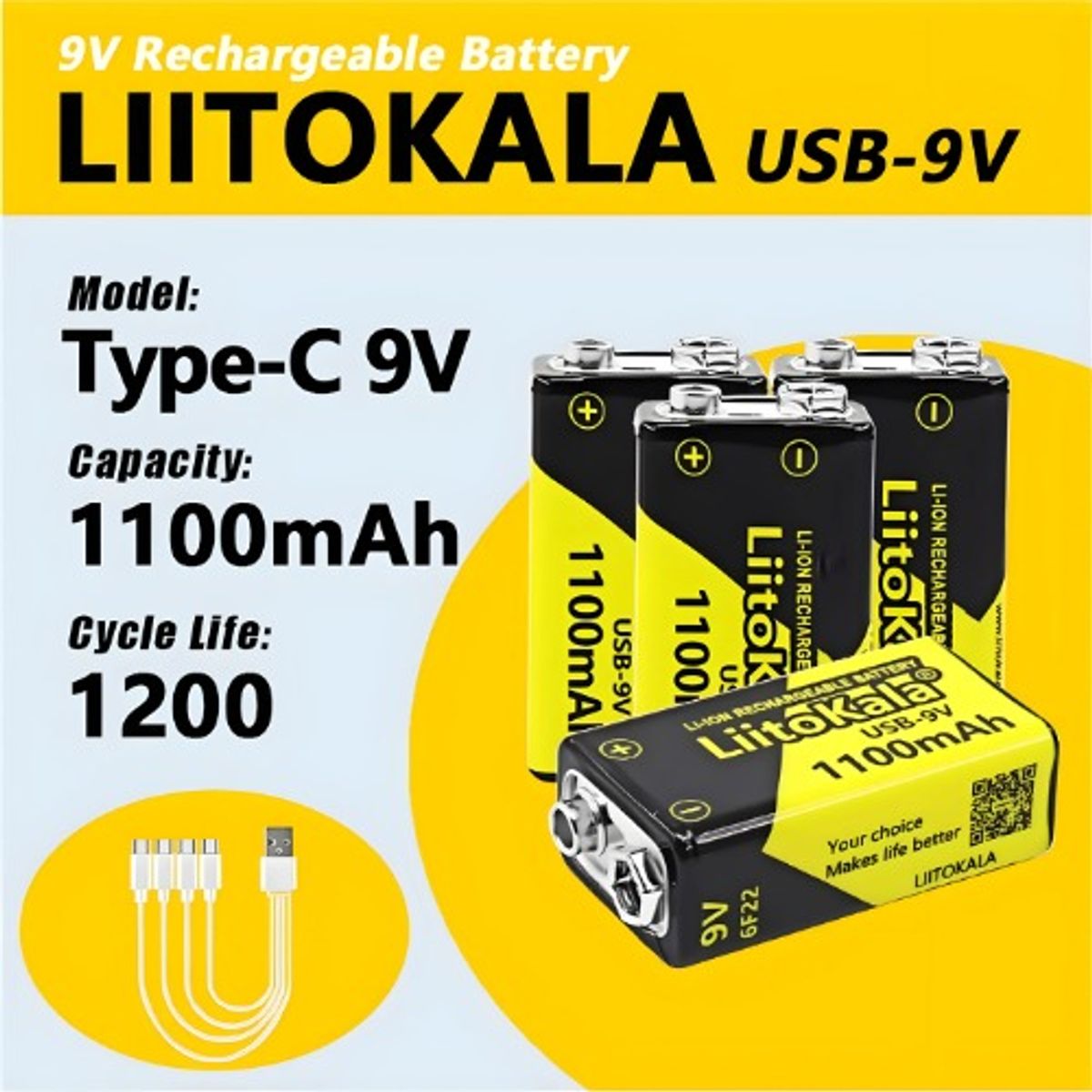 LIITOKALA - Pila Recargable Liitokala 9v 1100mah Usb Tipo C Pack De 4