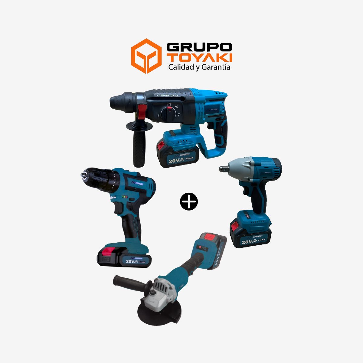 TOYAKI - KIT TALADRO PERCUTOR + ROTOMARTILLO + AMOLADORA + LLAVE DE IMPACTO HERRAMIENTAS INALÁMBRICAS 20V MASTERMAQ  MS-KIT4P