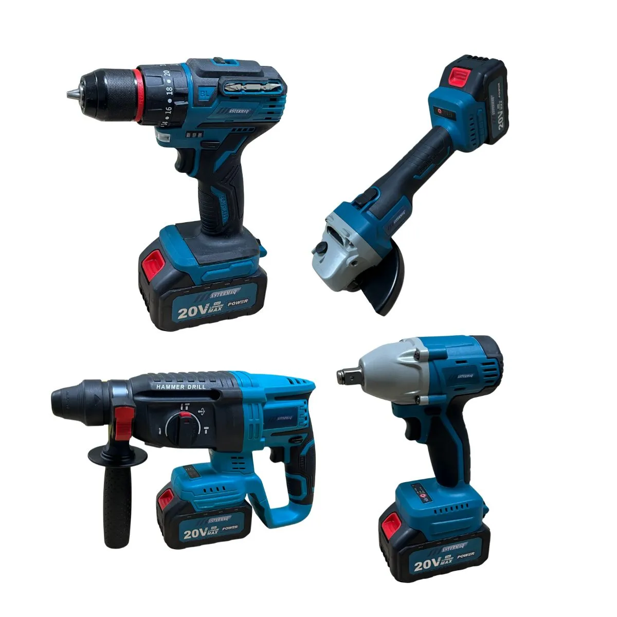 TOYAKI - KIT TALADRO PERCUTOR + ROTOMARTILLO + AMOLADORA + LLAVE DE IMPACTO HERRAMIENTAS INALÁMBRICAS 20V MASTERMAQ  MS-KIT4P