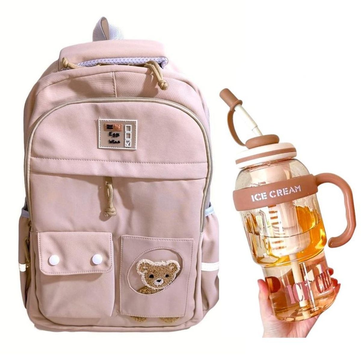 GENERICO - Mochila Kawaii porta laptop diseño Osito mas botella tomatodo