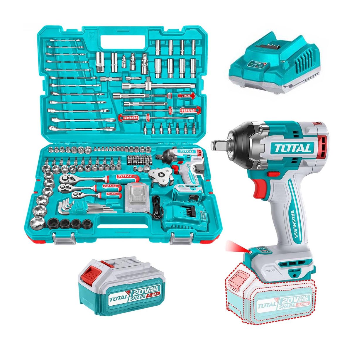 TOTAL TOOLS - Set Llave De Impacto 500nm Inalámbrico Bl 152pzs Dado Puntas