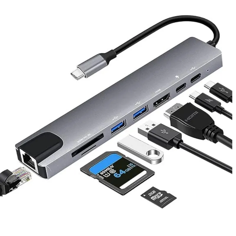GENERICO - Adaptador Hub Tipo-c 8 En1 Hdmi Ethernet Usb 3.0 Sf Tf 4k