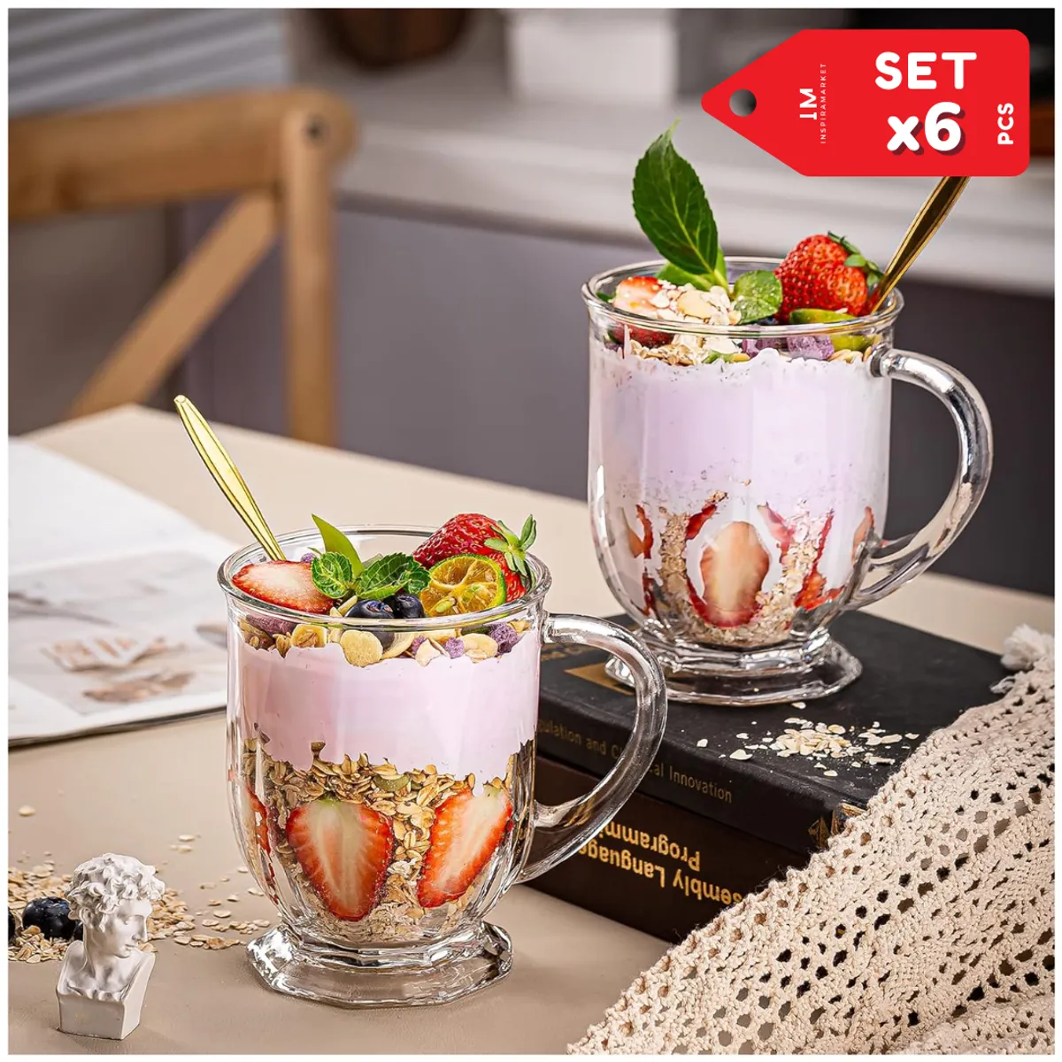 INSPIRA MARKET - Set x 6 tazas de vidrio para bebidas cafe cerveza 800ml