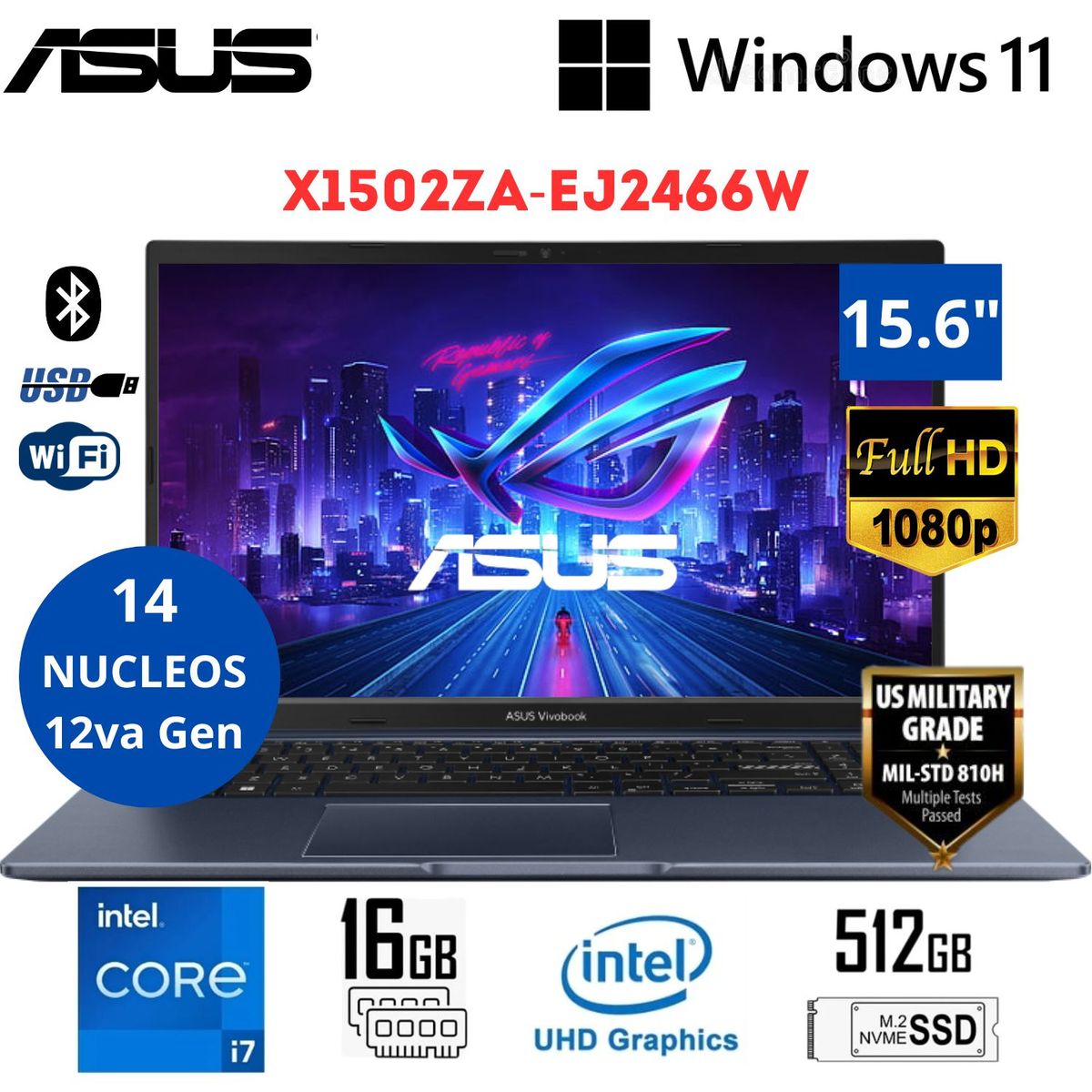 ASUS - Laptop Asus VivoBook 15 Intel Core i7-12700H 16GB RAM 512GB SSD 15.6" FHD Windows 11 X1502ZA-EJ2466W
