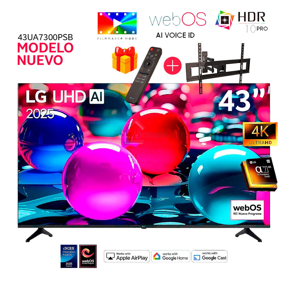 LG - Televisor Lg 43 Pulg Ultra HD 4K AI ThinQ 43UA7300PSB + Control Inteligente MAGIC + Rack Movil