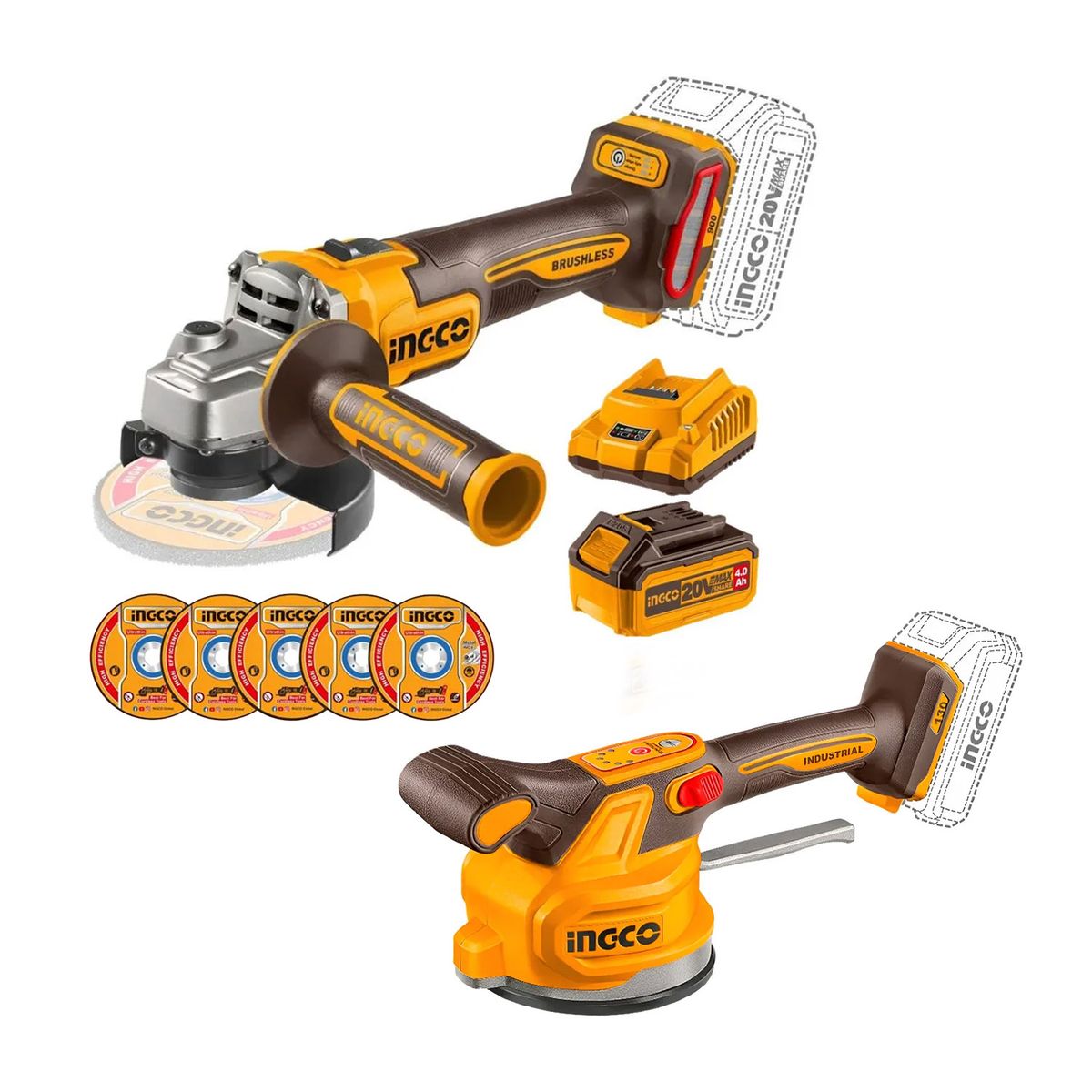 INGCO TOOLS - Amoladora Inalámbrica Brushless +vibradora Mayólica 20v 1bat