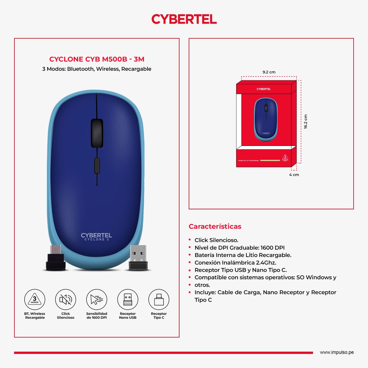 CYBERTEL - Mouse 3 Modos:BT Inalámbrico Recargable Cybertel Cyclone3 M500B