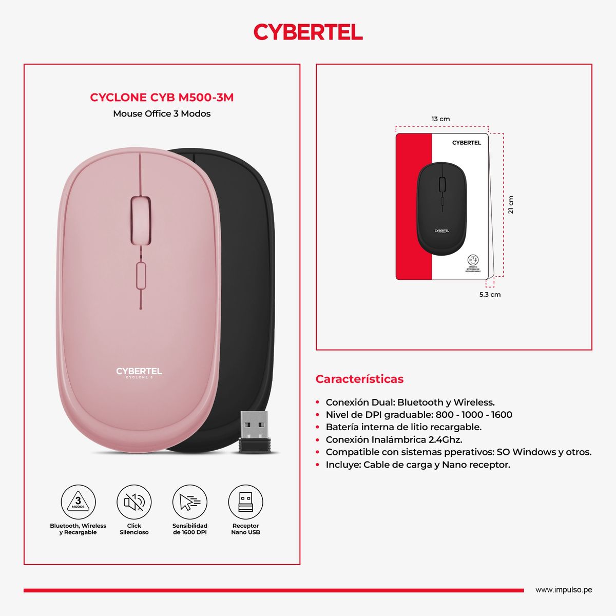 CYBERTEL - Mouse 3 Modos: BT Inalámbrico Recargable Cybertel Cyclone3 M500+ 3M