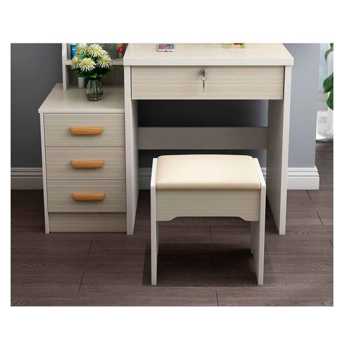 GENERICO - Tocador de Maquillaje Con Espejo Con Taburete Para Dormitorio Blanco Beige