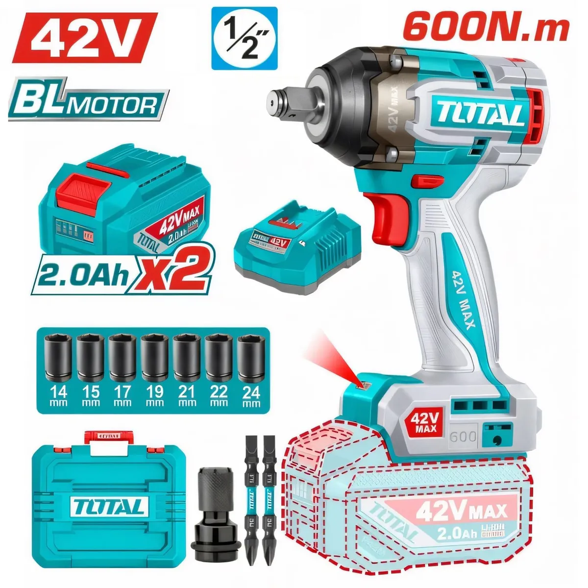 Total Tools - Llave De Impacto 1/2 42v 600 Nm Total - TIWLI42602