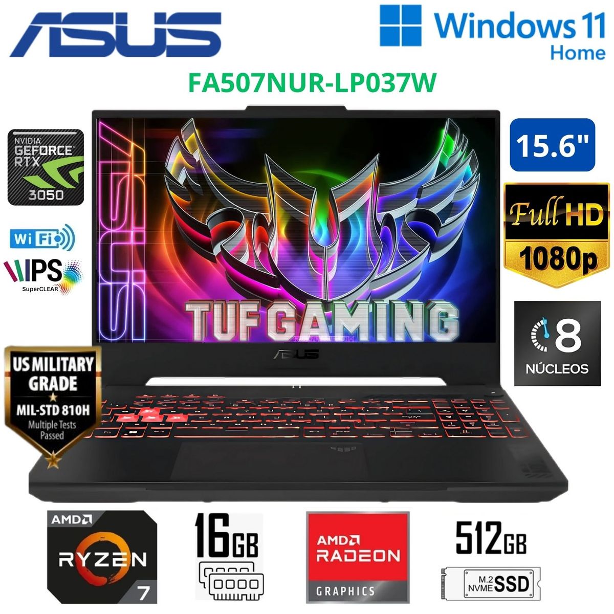 ASUS - Laptop ASUS TUF A15 FA507NUR-LP037W Ryzen7 7435HS 16Gb Ram/ 512Gb SSD/ RTX 4050 6Gb/ 15.6” FHD