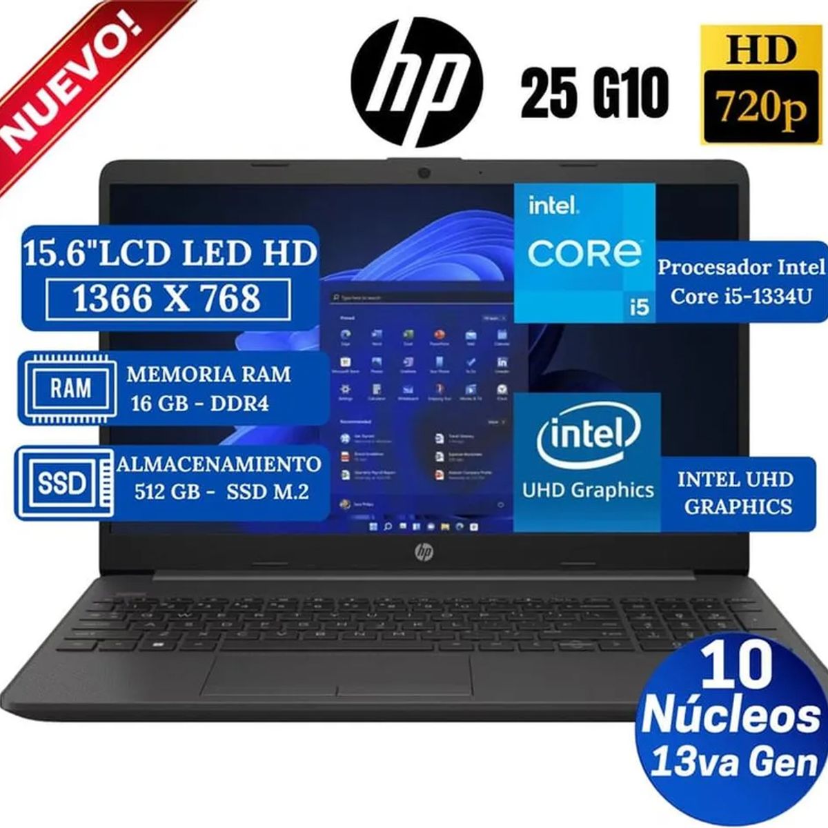 HP - Laptop HP 250 G10 Core i5-1334U 4.60GHz 16GB RAM  512GB M.2  LCD LED HD SVA 15.6"  WINDOWS 11