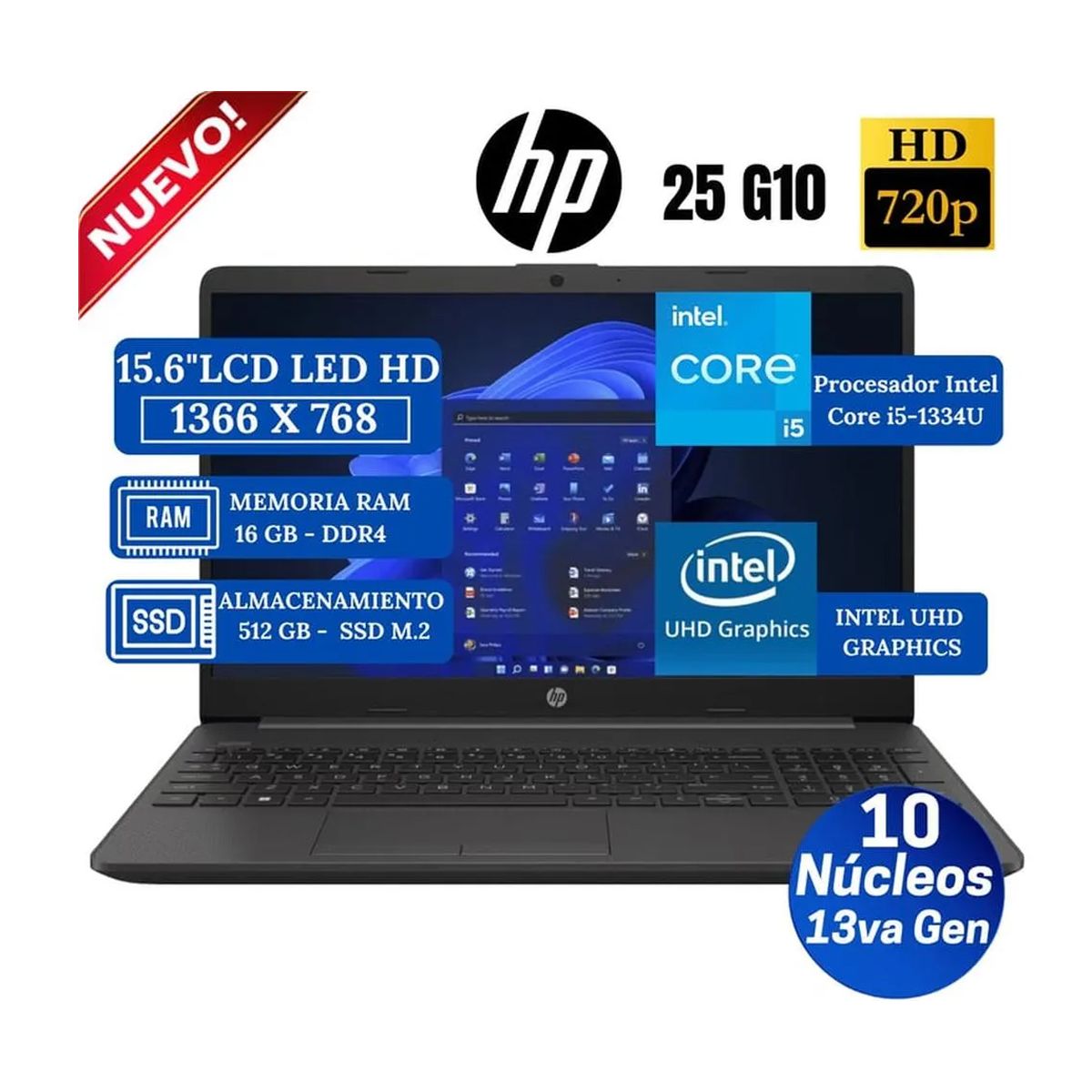 HP - Laptop HP 250 G10 Core i5-1334U 4.60GHz 16GB RAM  512GB M.2  LCD LED HD SVA 15.6"  WINDOWS 11