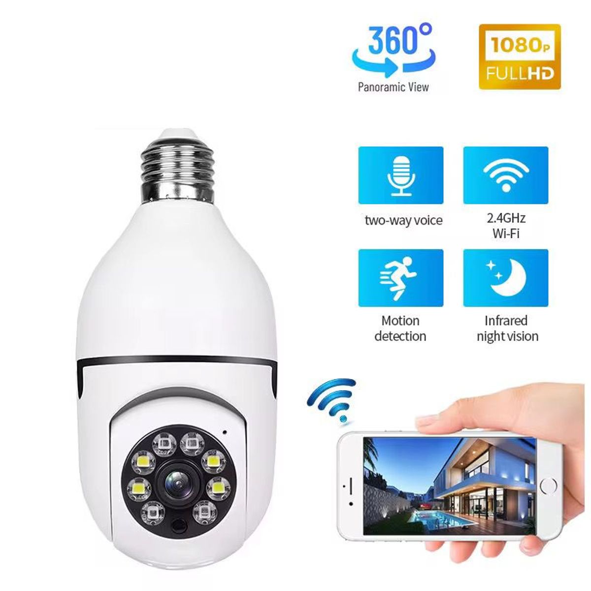 GENERICO - Foco Cámara de Vigilancia 360° FULL HD 1080P WIFI