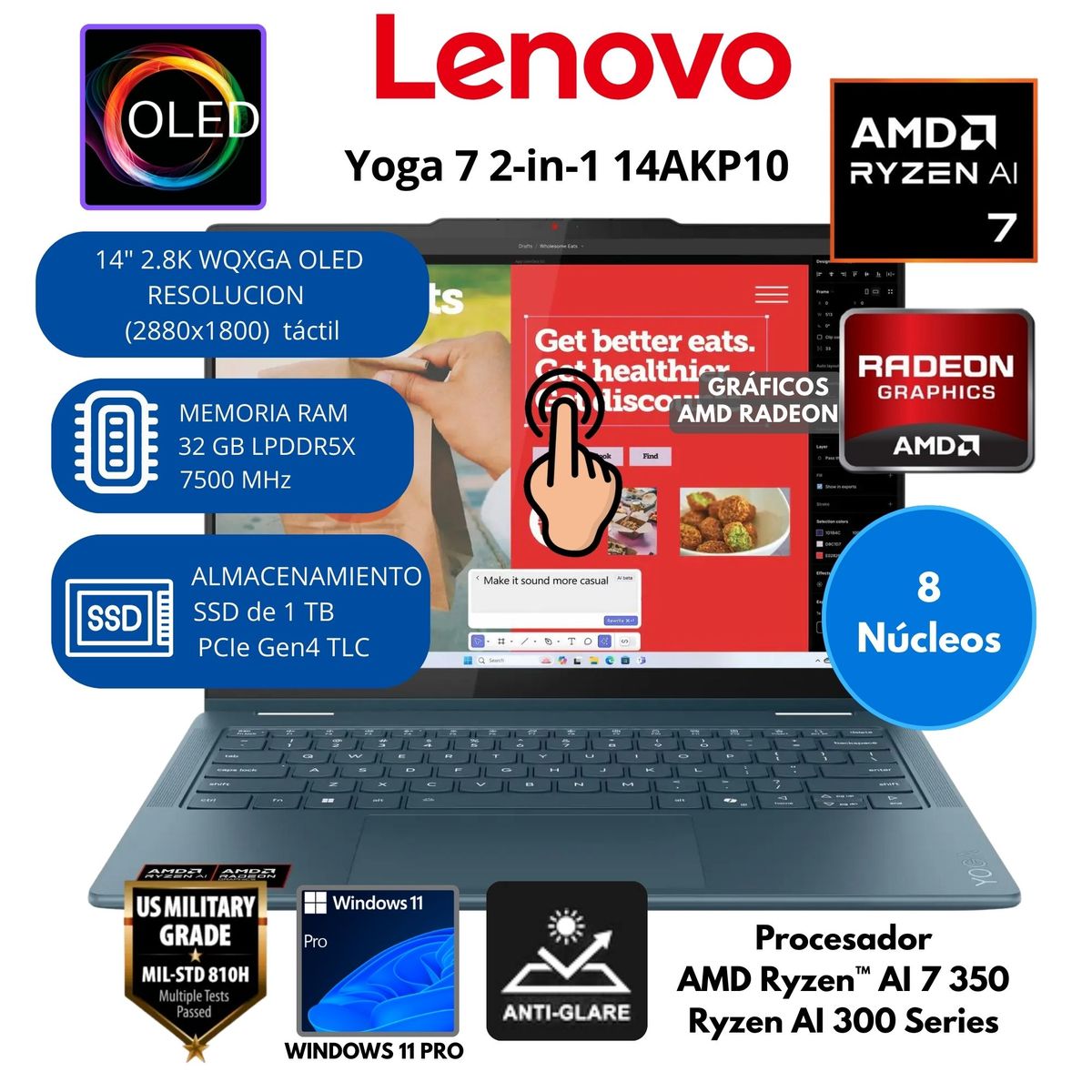 LENOVO - Laptop Lenovo Yoga 7 2-en-1 AMD Ryzen AI 7 (14AKP10) RAM 32 GB SSD 1TB GB 14"OLED Windows 11 PRO