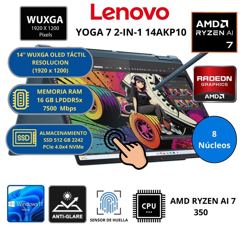 LENOVO - Laptop Lenovo YOGA 7 2-EN-1 14AKP10 AMD RYZEN AI 7 -RAM 16 GB SSD 512 GB 14" WUXGA TACTIL WINDOWS 11
