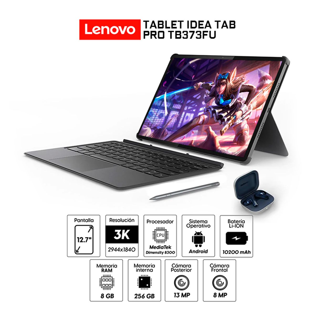 LENOVO - Tablet Lenovo Idea Tab Pro TB373FU 127 3K 8Gb256GBb Lápiz Pen Plus+Teclado y Moto buds