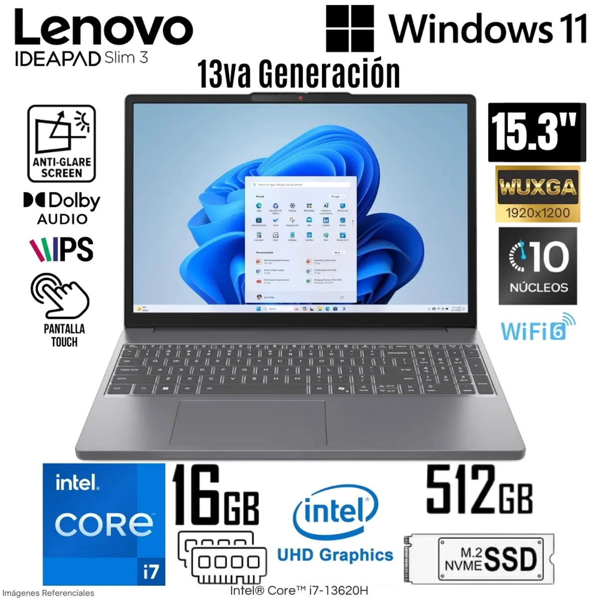 LENOVO - Laptop Lenovo IdeaPad Slim 3 Intel Core i7-13620H 16GB RAM 512GB SSD 15.3" WUXGA Touch - 83K100KCLM