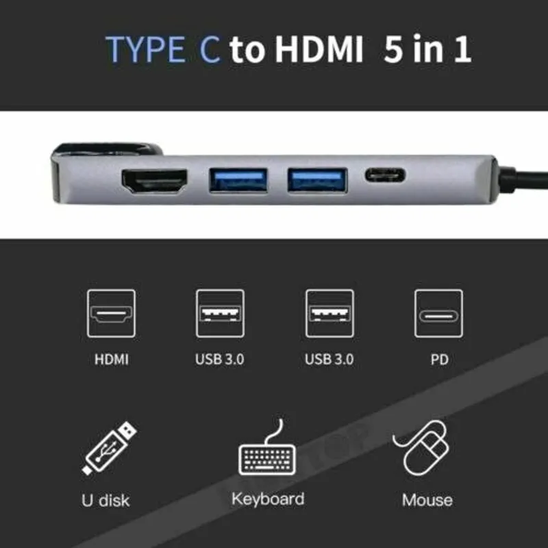 GENERICO - Adaptador Hub Tipo C 5 En 1 Hdmi Usb 3.0 Rj45 Tipo C Laptop