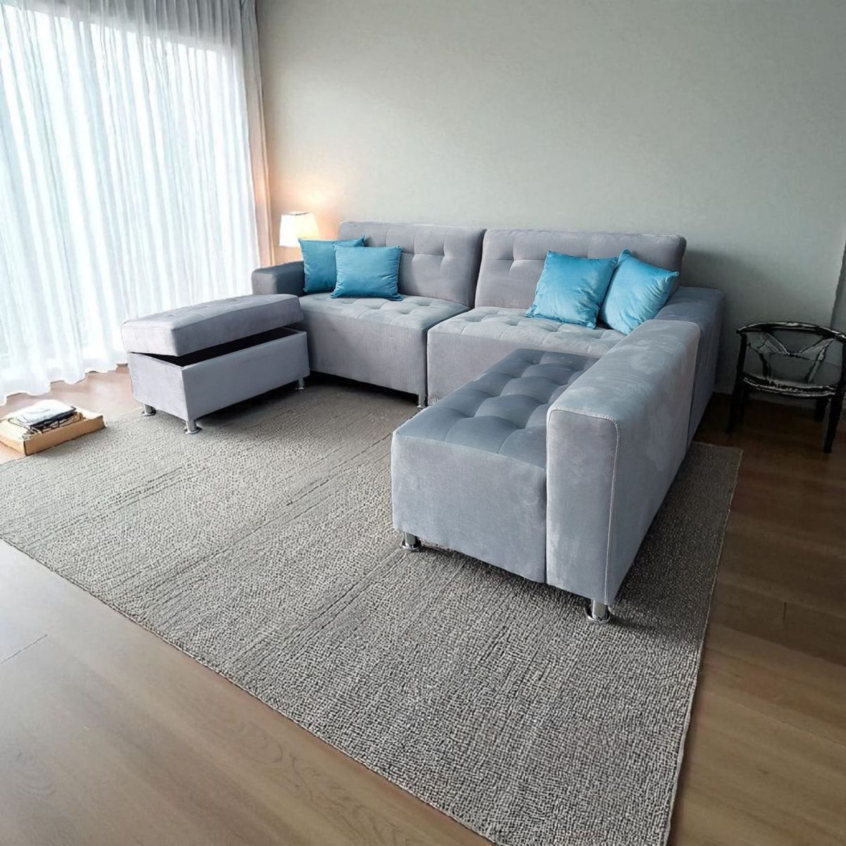 AMOBLART - SILLON SECCIONAL PARAISO PLATA 3 PIEZAS + BAÚL