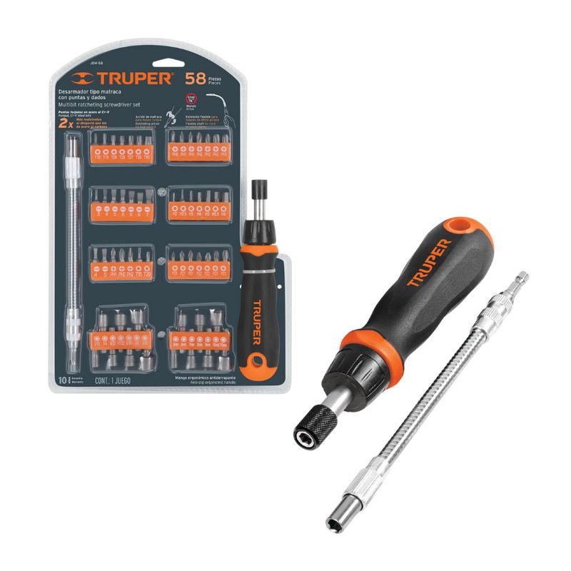 TRUPER - Desarmador tipo matraca con juego de 42 puntas y 14 dados con extension Truper JDM-58