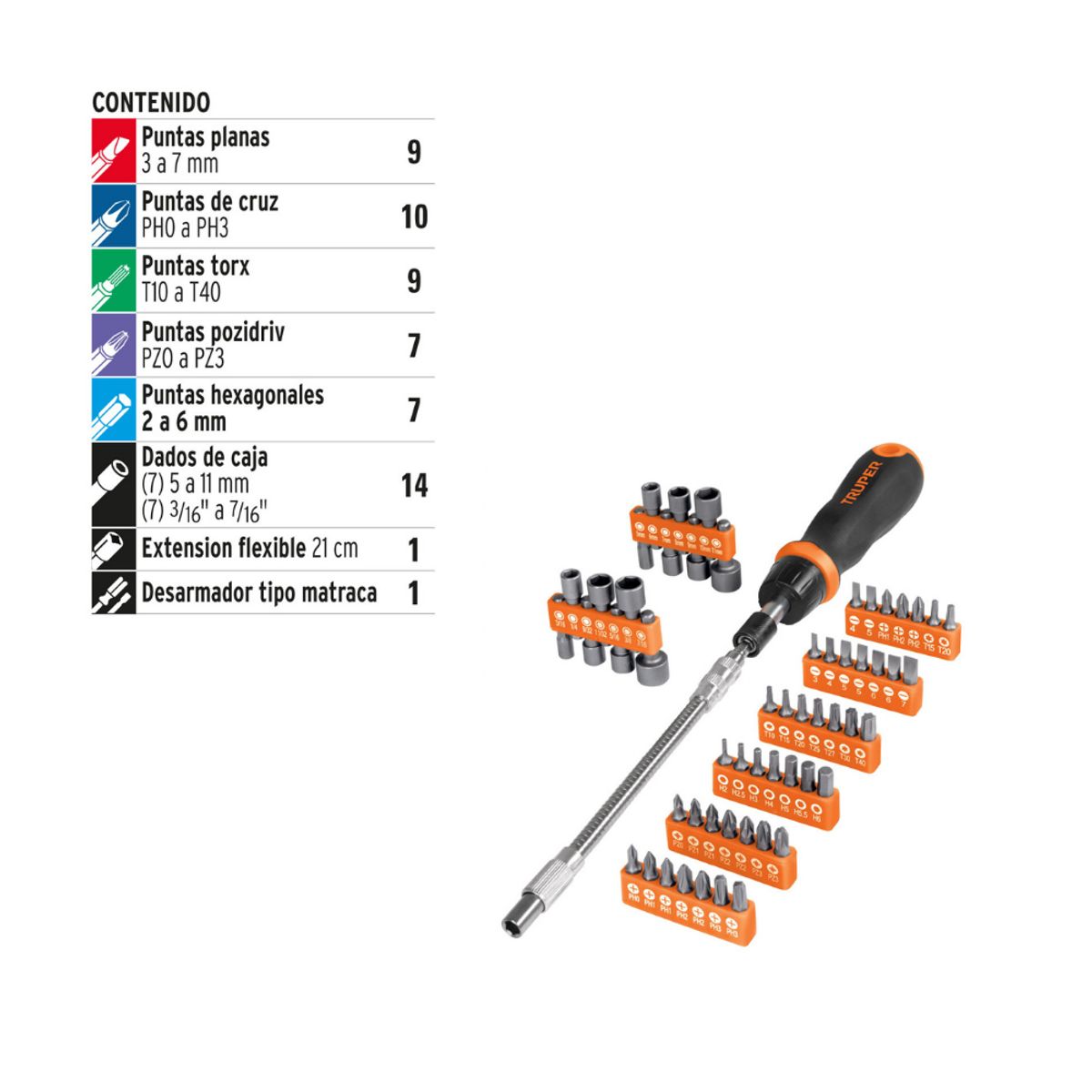 Truper - Desarmador tipo matraca con juego de 42 puntas y 14 dados con extension Truper JDM-58