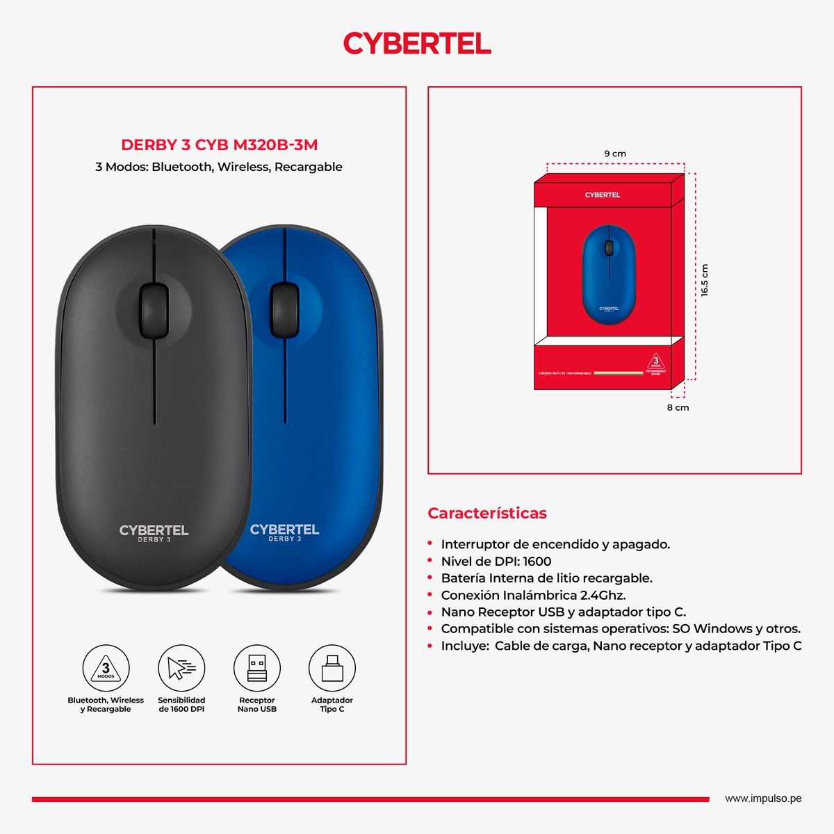 CYBERTEL - Mouse 3 Modos: BT InalámbricoRecargable Cybertel Derby3 M320-3m