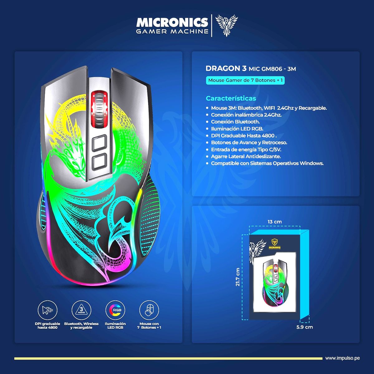 MICRONICS - Mouse 3 Modos: BT Inalámbrico Recargable Micronics Dragon3 GM806-3M