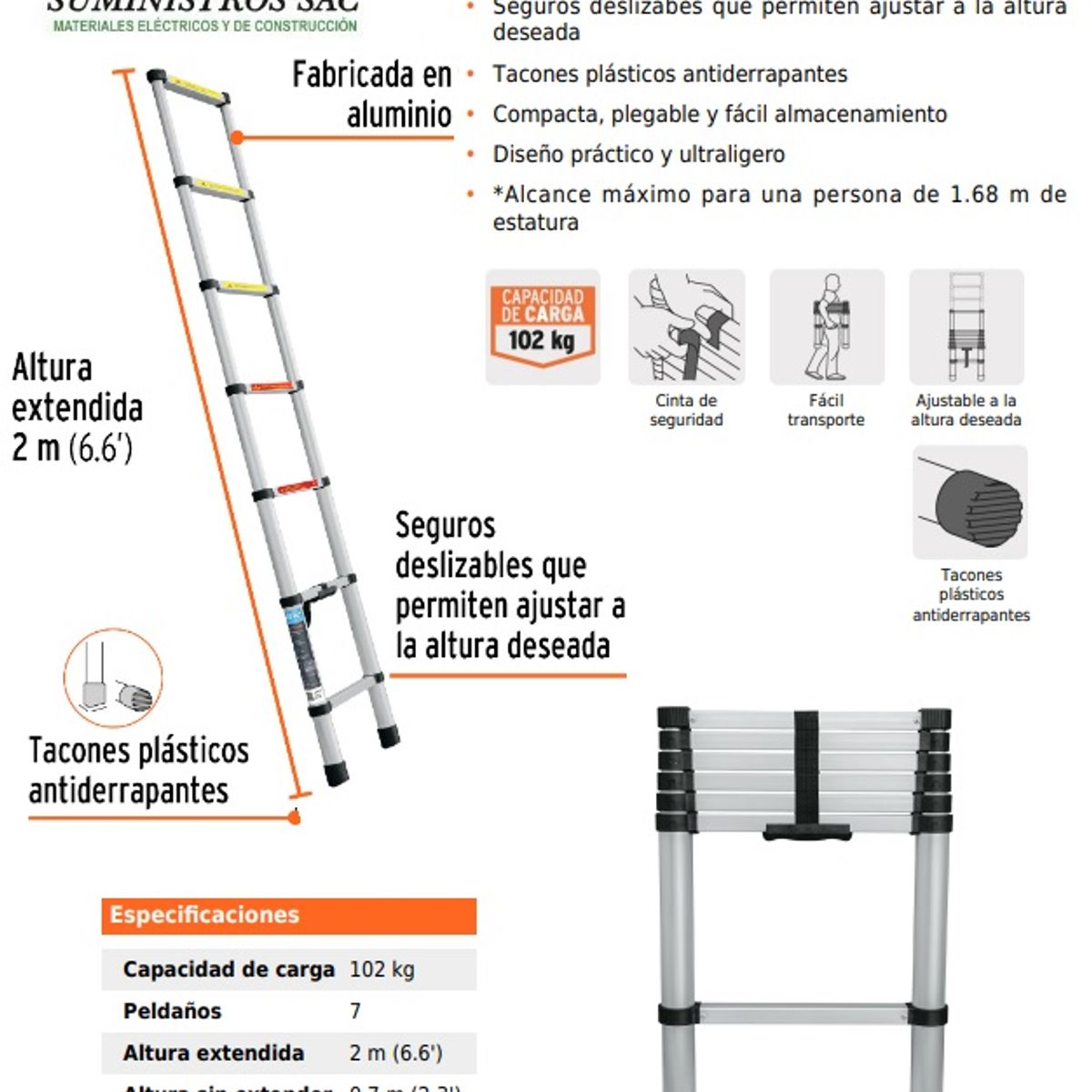 TRUPER - ESCALERA ALUMINIO RETRACTIL DE 7 PASOS o PELDAÑOS SOPORTA 102KG TRUPER