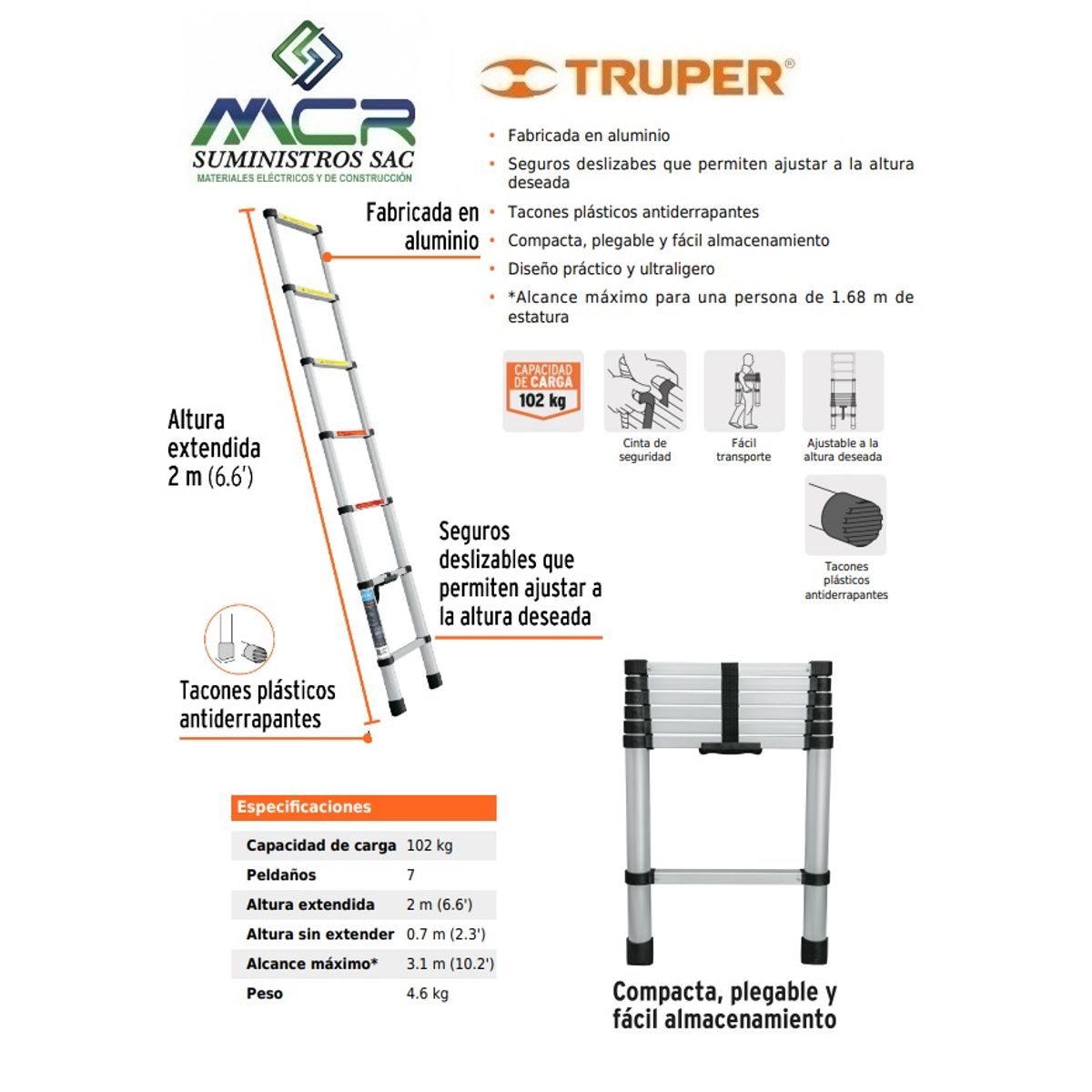 TRUPER - ESCALERA ALUMINIO RETRACTIL DE 7 PASOS o PELDAÑOS SOPORTA 102KG TRUPER