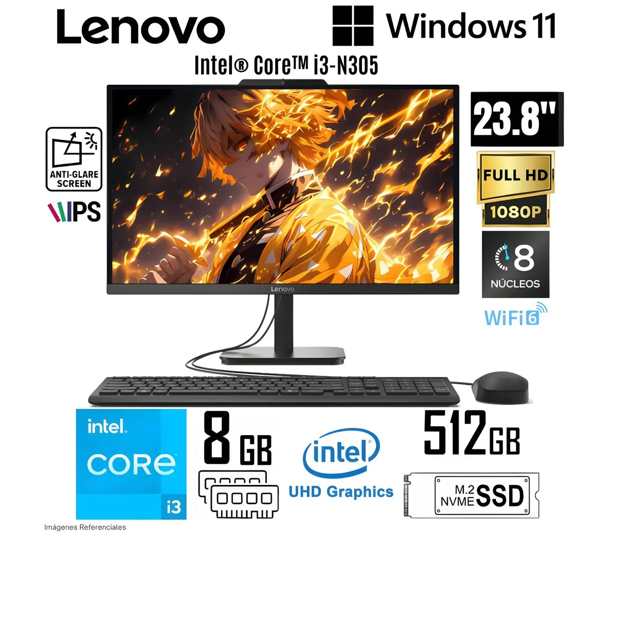 LENOVO - All in One Lenovo V100 Intel Core i3-N305 8GB RAM 512GB SSD 23.8"  FHD IPS