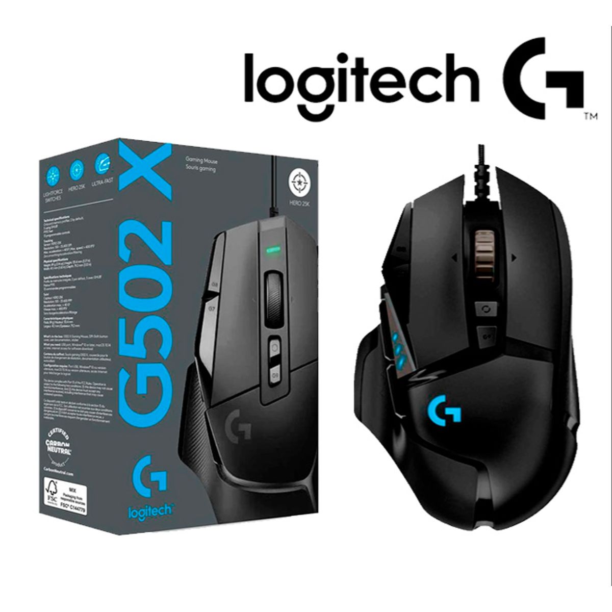 LOGITECH - Mouse Gamer G502 X HERO USB 25K DPI LIGHTFORCE Black LOGITECH