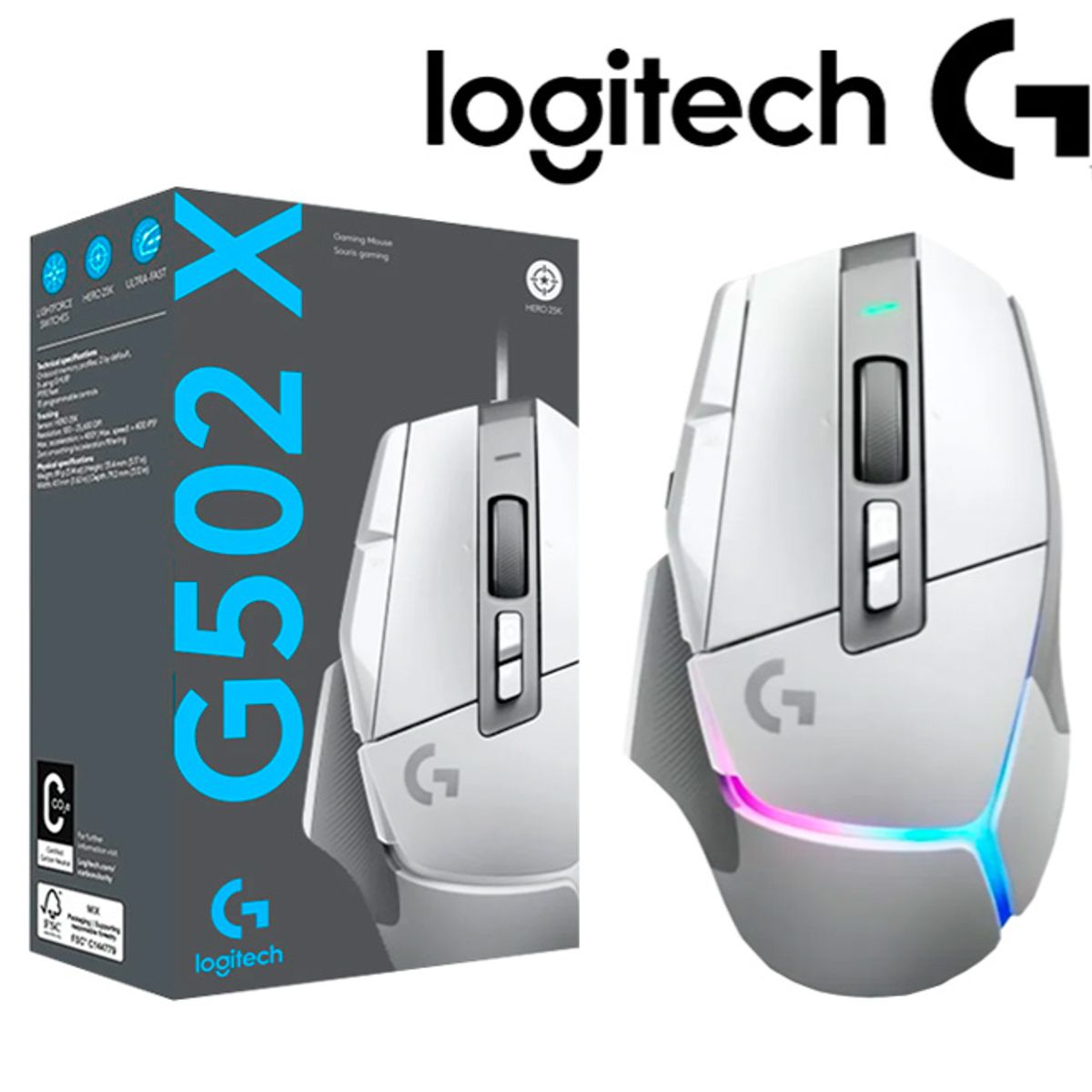 LOGITECH - Mouse Gamer G502 X HERO USB 25K DPI LIGHTFORCE White LOGITECH