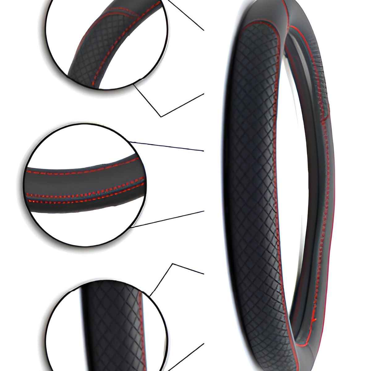 GENERICO - Forro de Timón Cuero PU Negro con Hilos Rojos