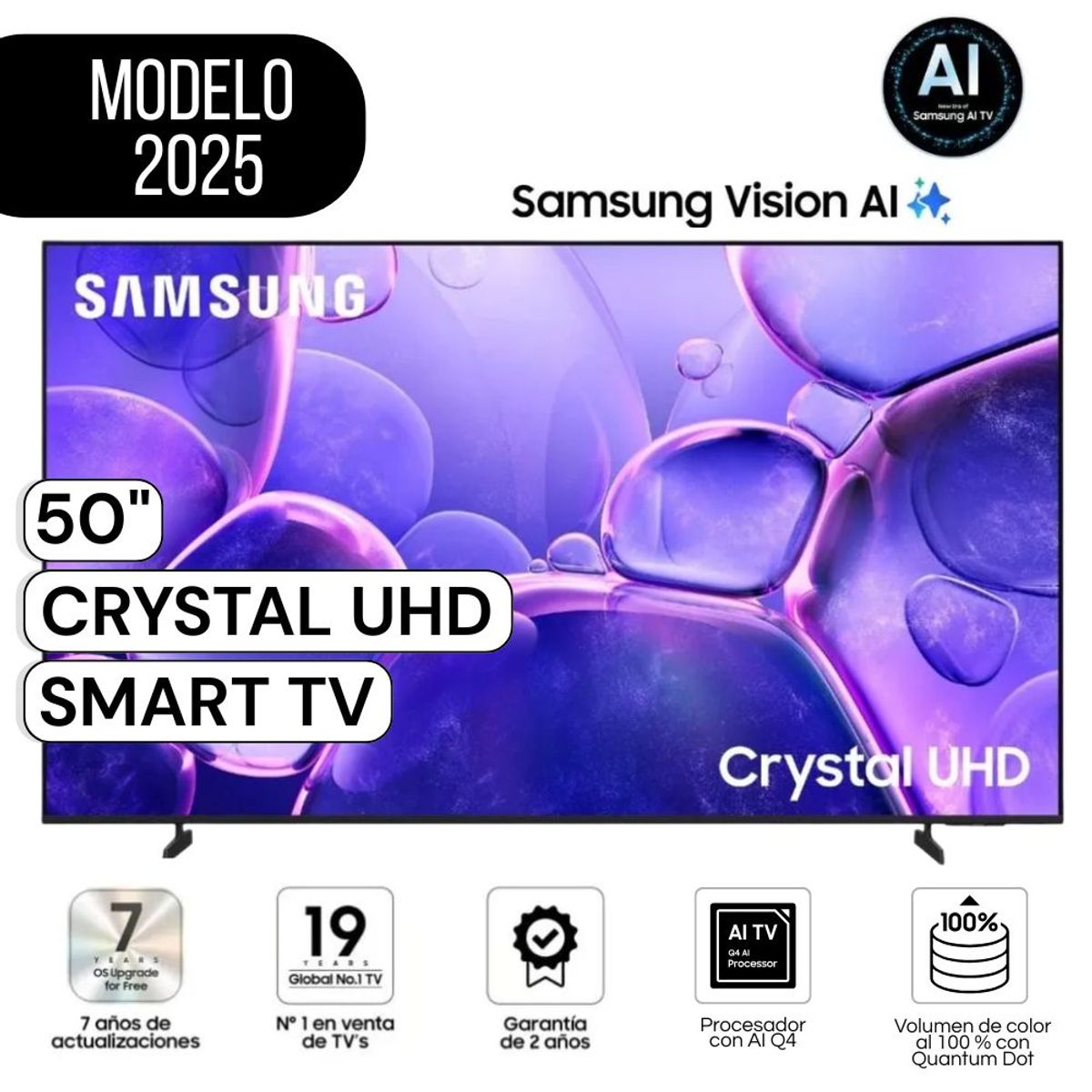 SAMSUNG - Televisor Samsung 50"  Pulg. Crystal UHD UN50U8000FGXPE Smart TV Modelo 2025 - Negro