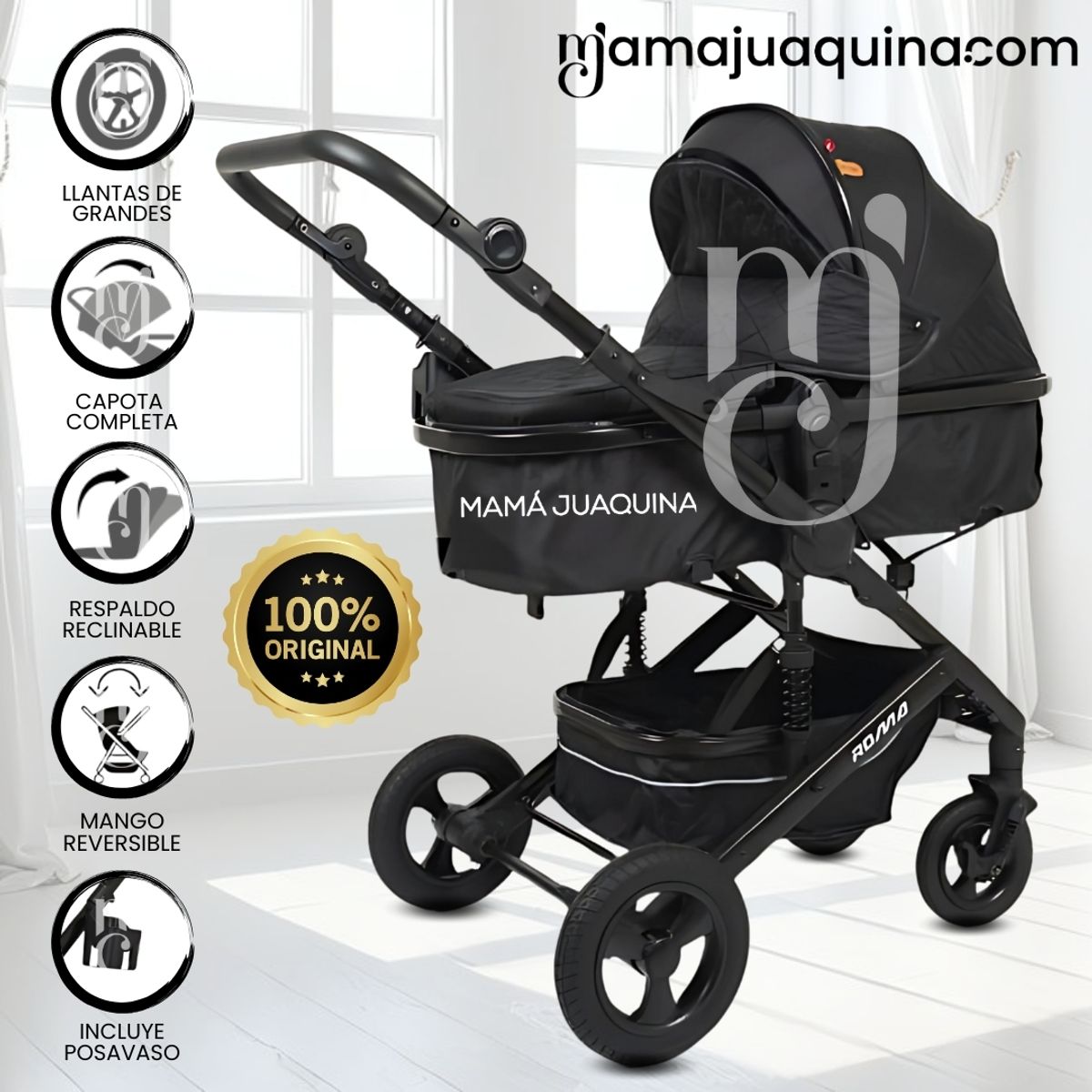 BABY - Coche Moisés Travel System «ROMA NEW» de Lujo Black