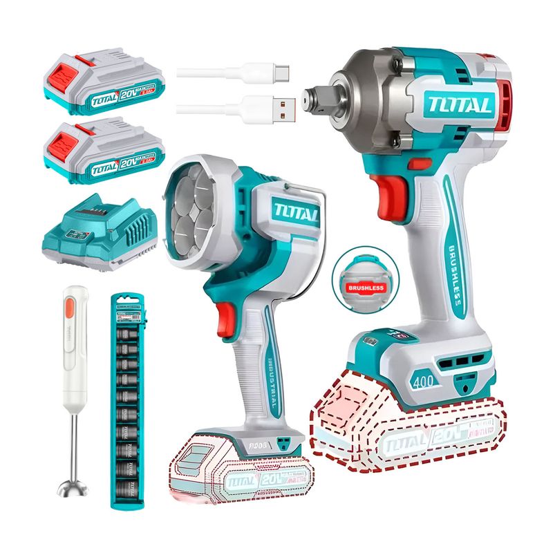TOTAL TOOLS - LLAVE DE IMPACTO 20V INALÁMBRICO + LINTERNA DE TRABAJO 2BATS